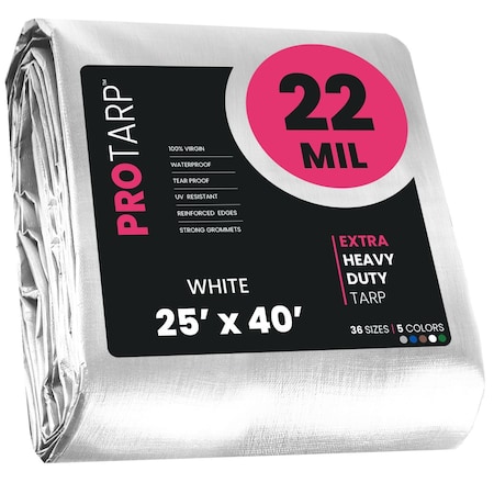 Heavy Duty Tarp, 25 ft x 40 ft, 22 Mil, White, Polyethylene, Waterproof, Rip and Tear Proof